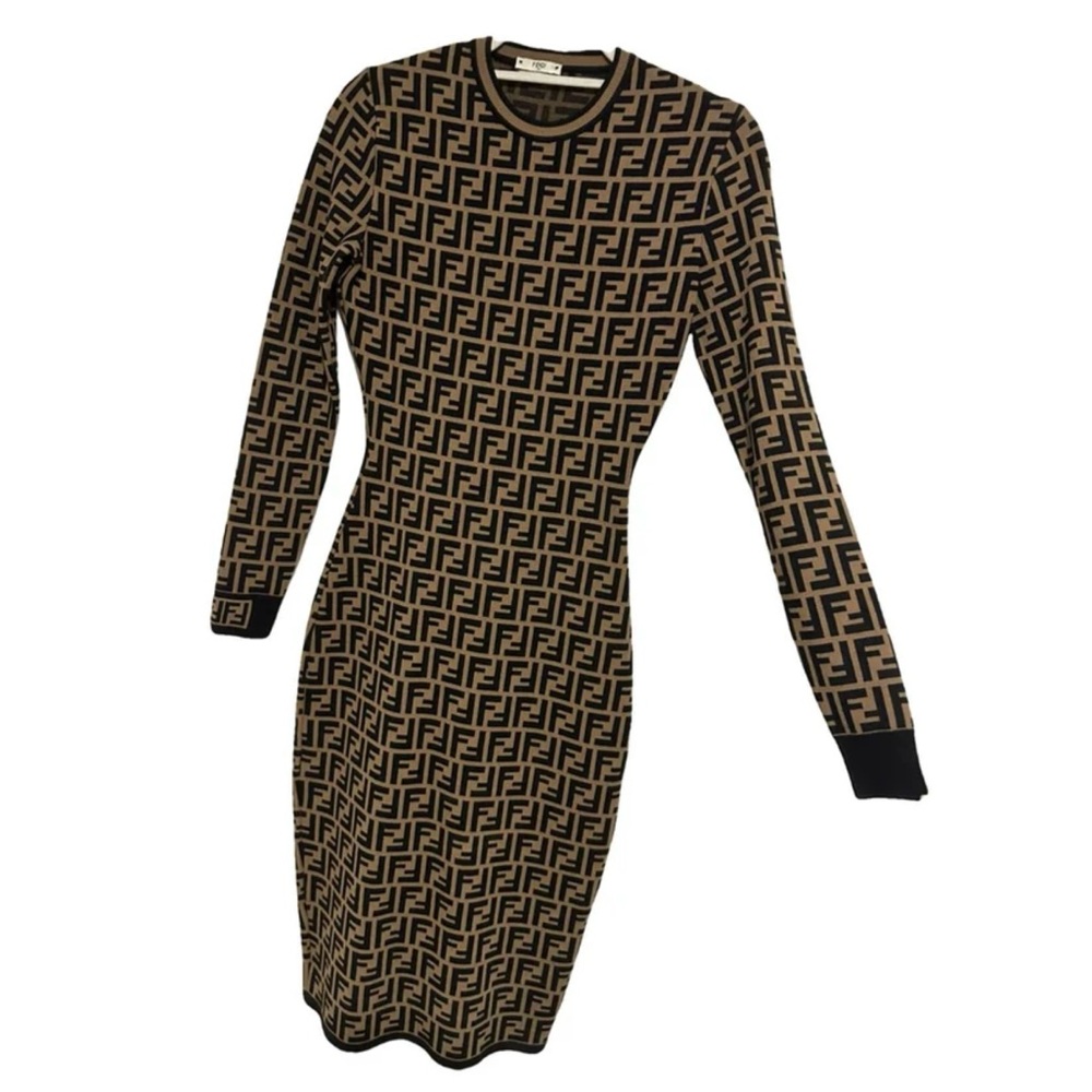 FENDI MONOGRAM MIDI DRESS KNIT / brown and black long sleeve